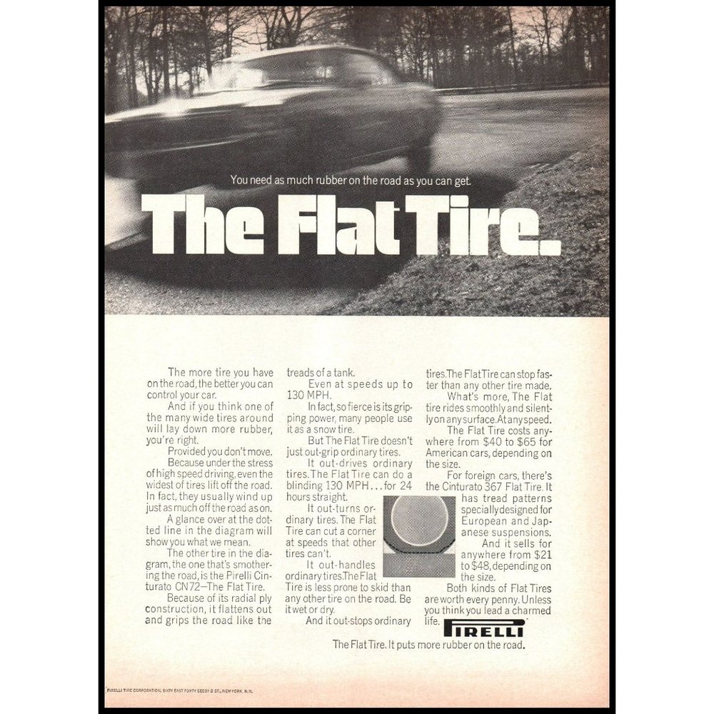 1969 Pirelli Tires The Flat Tire Vintage Print Ad Rubber on the Road Wall Art